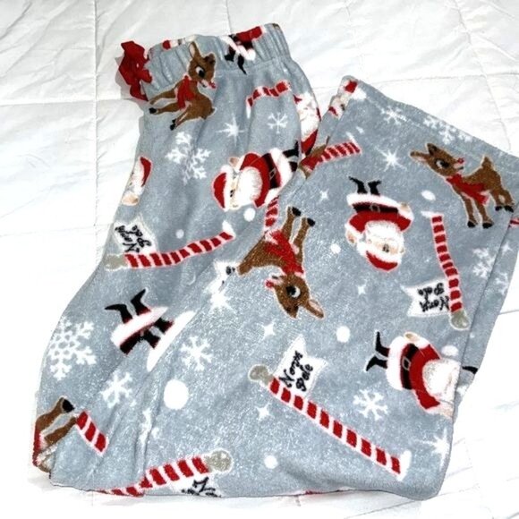 Rudolph Red-Nosed Reindeer Gray Fleece Pajama Pants Santa & Reindeer Print M - Picture 2 of 7